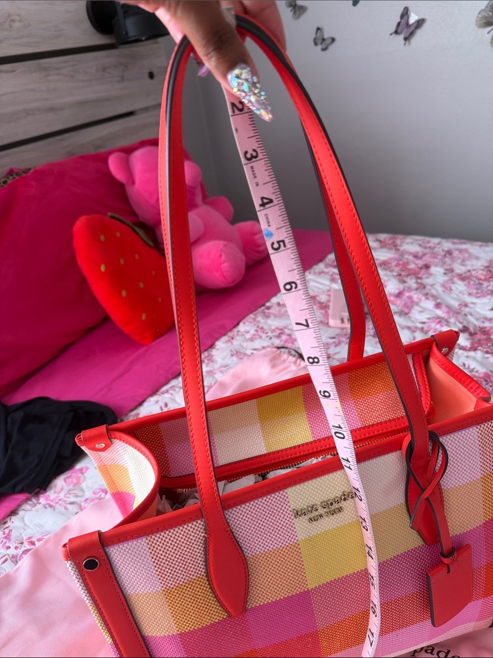 kate spade Pink, Orange & Yellow plaid Canvas Tote - Picture 14 of 14